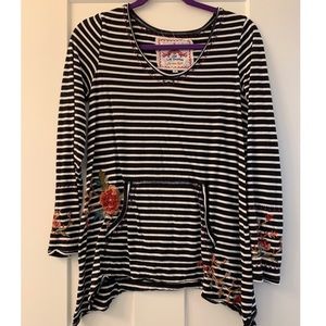 Johnny Was Embroidered Striped Long Sleeve Top